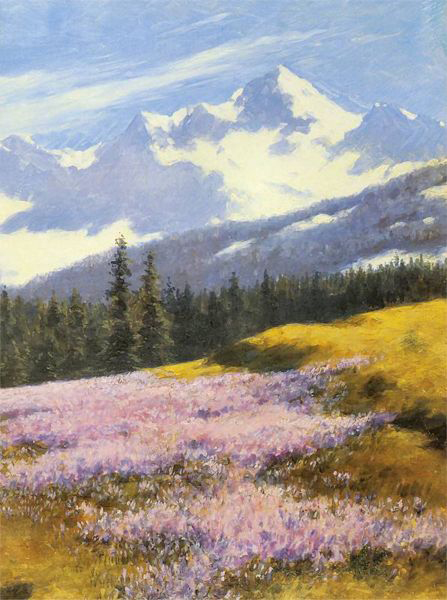 Crocuses with snowy mountains in the background